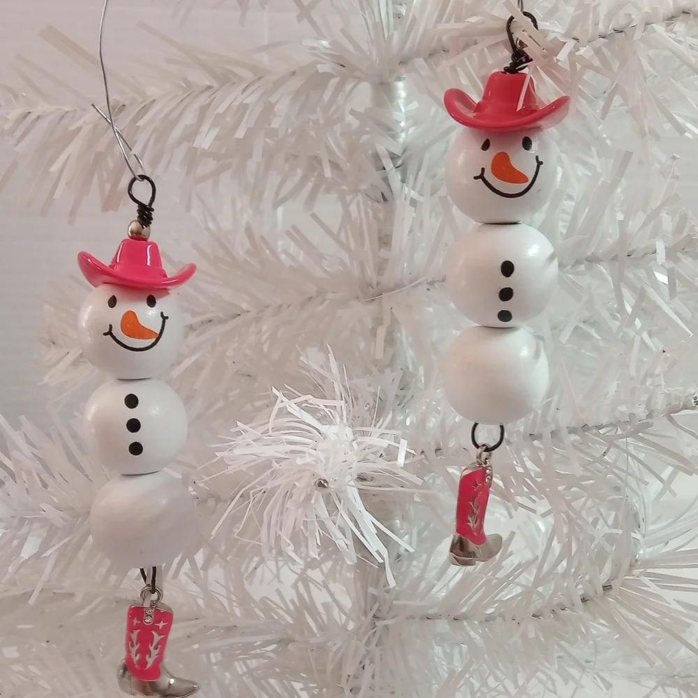 Pink Snowgirl Ornaments Beaded Lot of 2 Handmade NEW